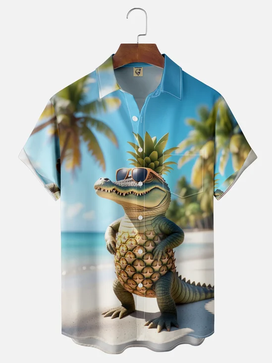 Moisture-wicking Pineapple Crocodile Coconut Tree Beach Chest Pocket Hawaiian Shirt