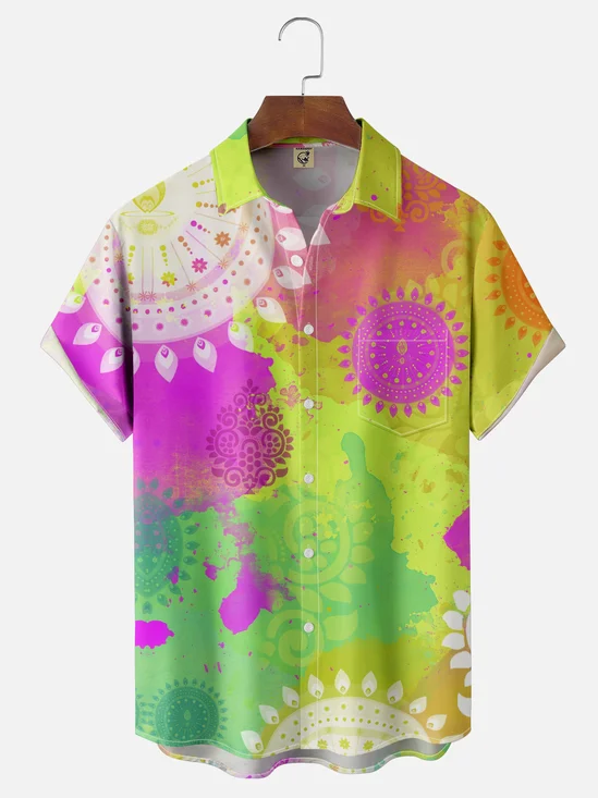 Moisture-wicking Mandala Watercolor Gradient Color Chest Pocket Hawaiian Shirt