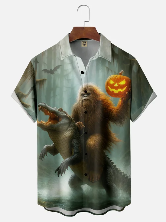 Moisture-wicking Halloween Bigfoot vs. Alligator Pumpkin Pocket Casual Shirt