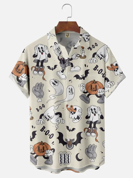 Moisture-wicking Halloween Ghost Pumpkin Chest Pocket Casual Shirt