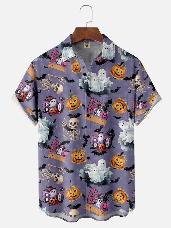 Moisture-Wicking Halloween Pumpkin Ghost Skull Chest Pocket Hawaiian Shirt