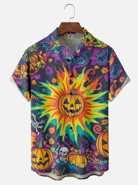 Moisture-wicking Halloween Pumpkin Chest Pocket Casual Shirt
