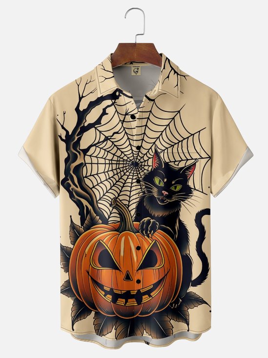 Moisture-wicking Halloween Pumpkin Black Cat Chest Pocket Casual Shirt
