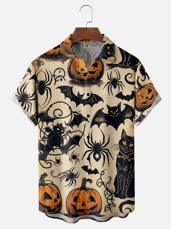 Moisture-wicking Halloween Pumpkin Spider Chest Pocket Casual Shirt