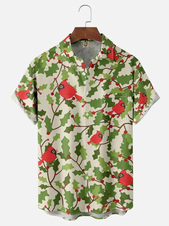 Hardaddy X Valentina Bjekovic Moisture-wicking Christmas Erithacus Rubecula Ilex Aquifolium Chest Pocket Casual Shirt