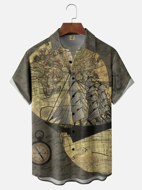 Hardaddy X Valentina Bjekovic Moisture-wicking Nautical Map Sailing Compass Chest Pocket Casual Shirt