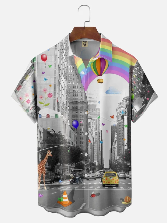 Hardaddy X Valentina Bjekovic Moisture-wicking Street Building Cartoon Animals Chest Pocket Casual Shirt