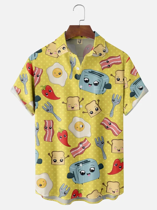 Hardaddy X Valentina Bjekovic Cute Breakfast Bread Maker Bacon Egg Fork Pepper Chest Pocket Casual Shirt