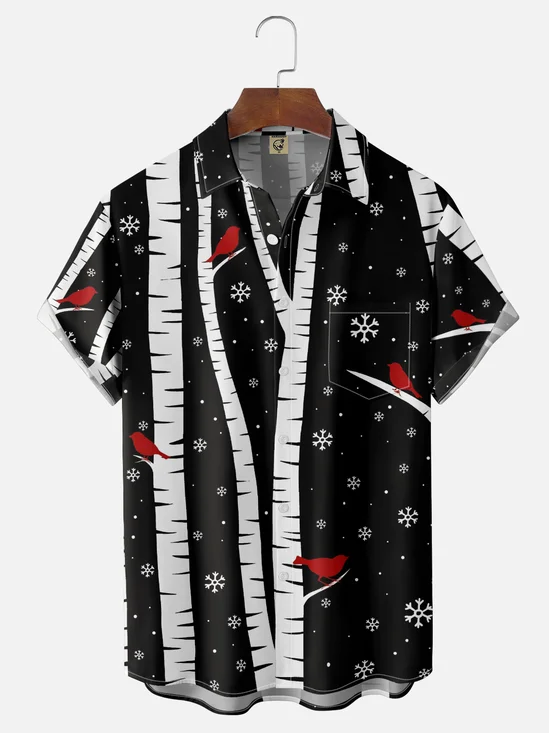 Hardaddy X Valentina Bjekovic Moisture-wicking Christmas Forest Erithacus Rubecula Chest Pocket Casual Shirt
