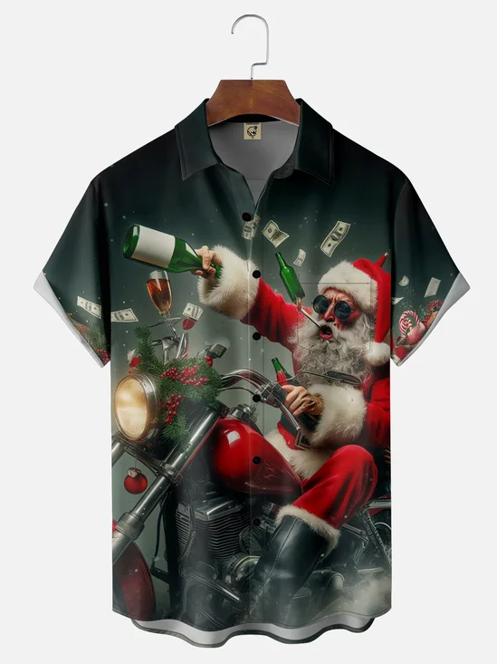 Moisture-wicking Christmas Fun Santa Motorcycle Chest Pocket Casual Shirt