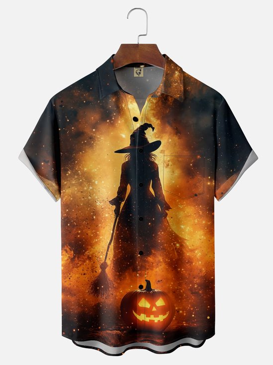 Moisture-wicking Halloween Witch Pumpkin Fun Chest Pocket Casual Shirt