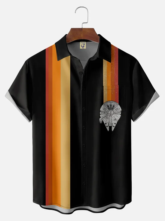 Big Size Moisture-wicking Star Spacecraft Chest Pocket Bowling Shirt