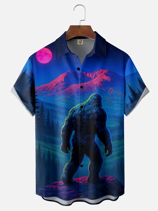 Moisture-wicking Bigfoot Night Art Chest Pocket Hawaiian Shirt