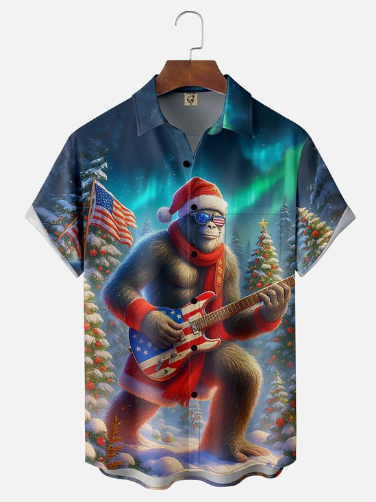 Moisture-wicking Christmas Bigfoot American Flag Christmas Tree Chest Pocket Casual Shirt