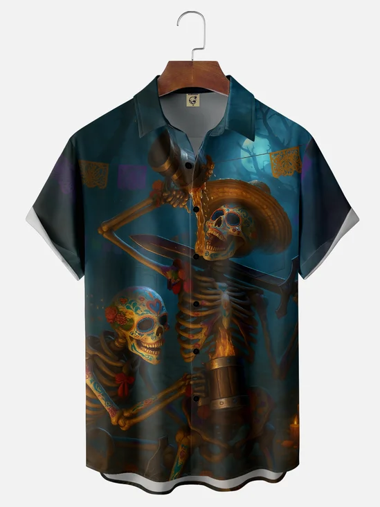 Moisture-wicking Day of the Dead Skeleton Fun Beer Chest Pocket Casual Shirt