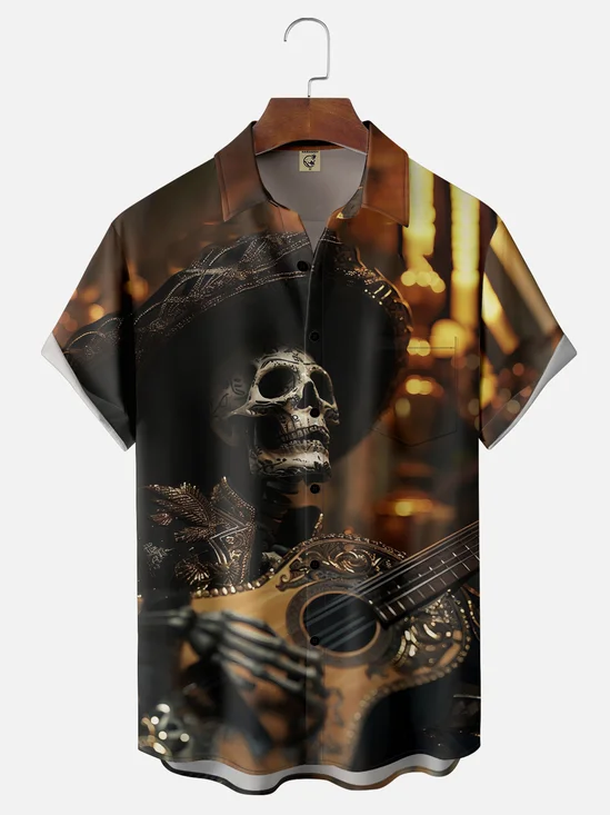 Moisture-wicking Day of the Dead Skull Guitar Art Chest Pocket Casual Shirt