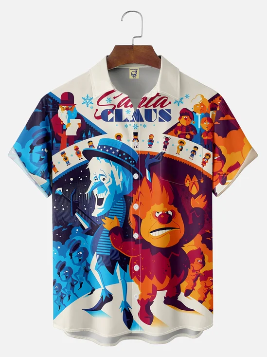 Big Size Moisture-wicking Christmas Santa Claus Cartoon Chest Pocket Casual Shirt