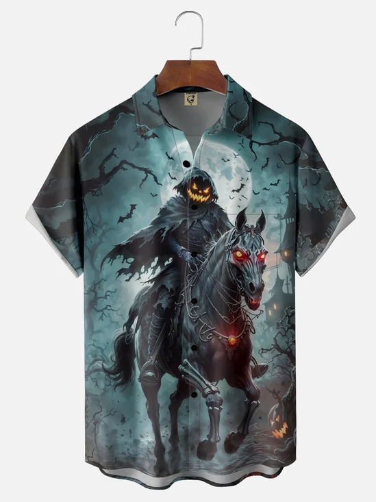 Moisture-wicking Halloween Headless Horseman Pumpkin Fun Chest Pocket Casual Shirt