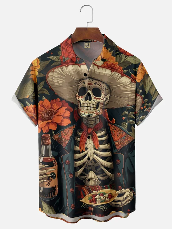 Moisture-wicking Day of the Dead Skull Floral Art Chest Pocket Casual Shirt