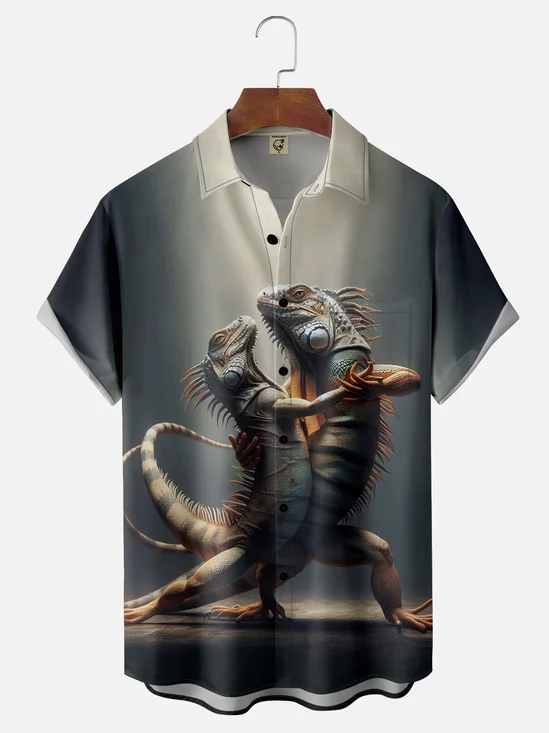 Moisture-wicking Lizard Ballroom Dance Fun Chest Pocket Hawaiian Shirt