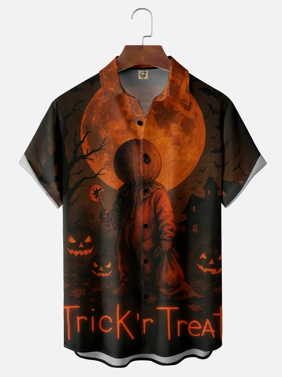 Moisture-wicking Halloween Puppet Pumpkin Fun Chest Pocket Casual Shirt