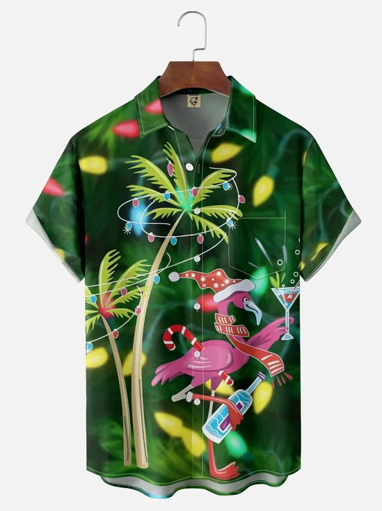 Moisture-wicking Christmas Flamingo Coconut Tree Champagne Chest Pocket Hawaiian Shirt