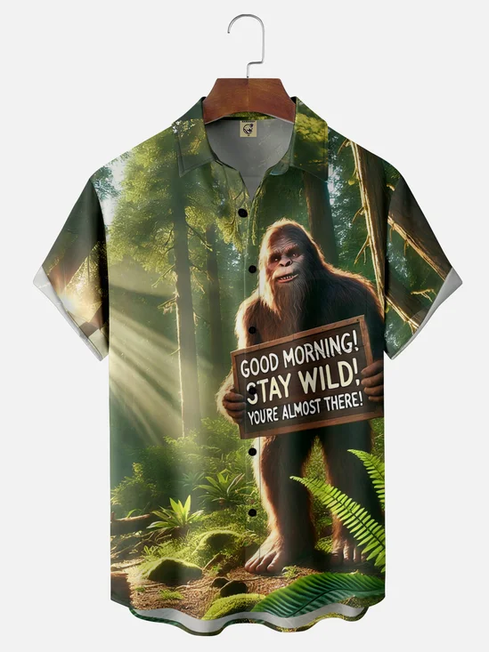 Moisture-wicking Forest Bigfoot "GOOD MORNING" Chest Pocket Casual Shirt