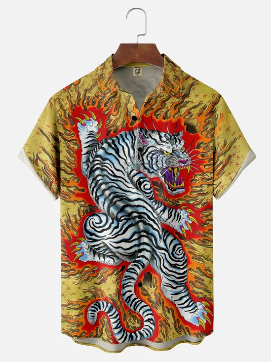 Moisture-wicking Japanese Culture White Tiger Chest Pocket Casual Shirt