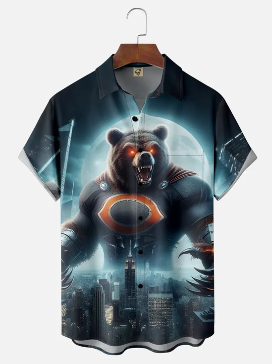 Moisture-wicking American Football Chicago Art Bear Fun Chest Pocket Casual Shirt