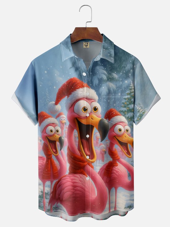 Moisture-wicking Christmas Flamingo Fun Christmas Tree Snow Scene Chest Pocket Casual Shirt