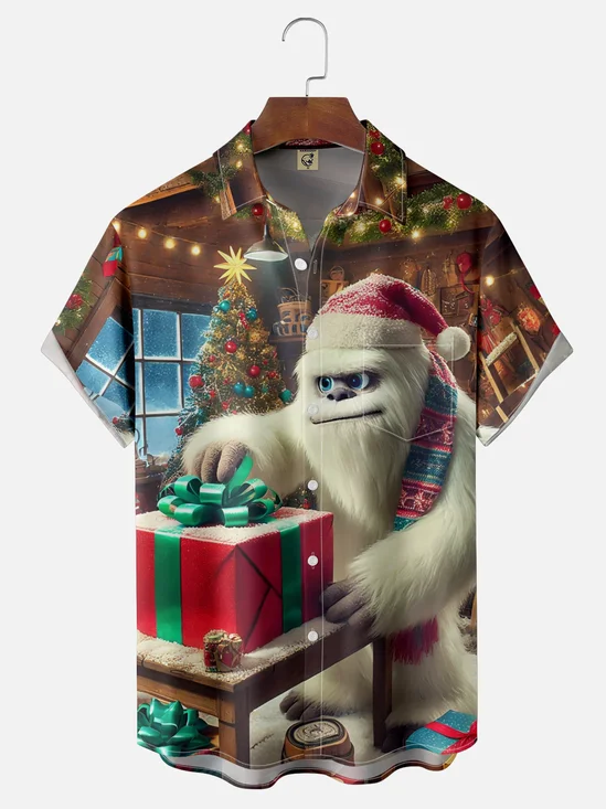 Moisture-wicking Christmas Snow Monster Fun Christmas Tree Gift Chest Pocket Casual Shirt