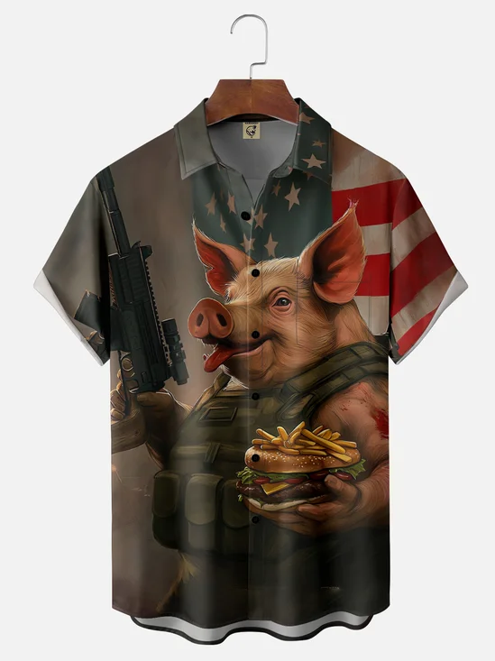 Moisture-Wicking American Warrior Hamburger Pig Chest Pocket Hawaiian Shirt