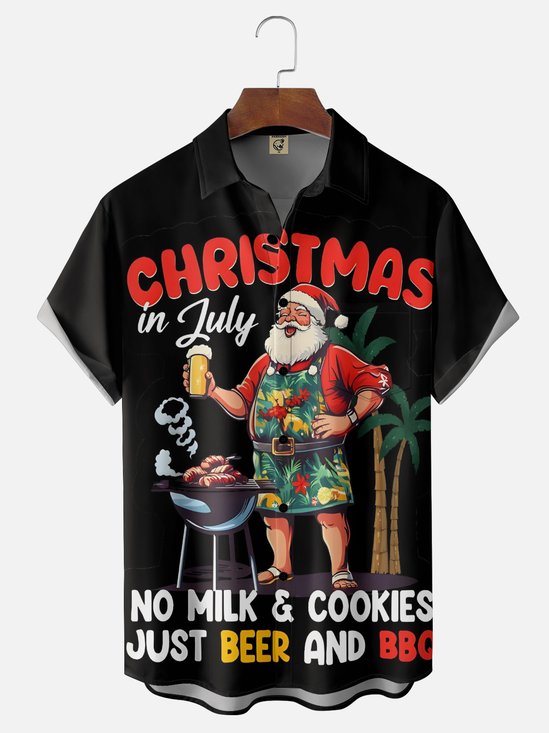 Moisture-Wicking Santa Claus BBQ Coconut Tree Lettering Chest Pocket Hawaiian Shirt