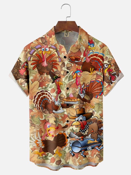 Moisture-Wicking Thanksgiving Turkey Chest Pocket Hawaiian Shirt