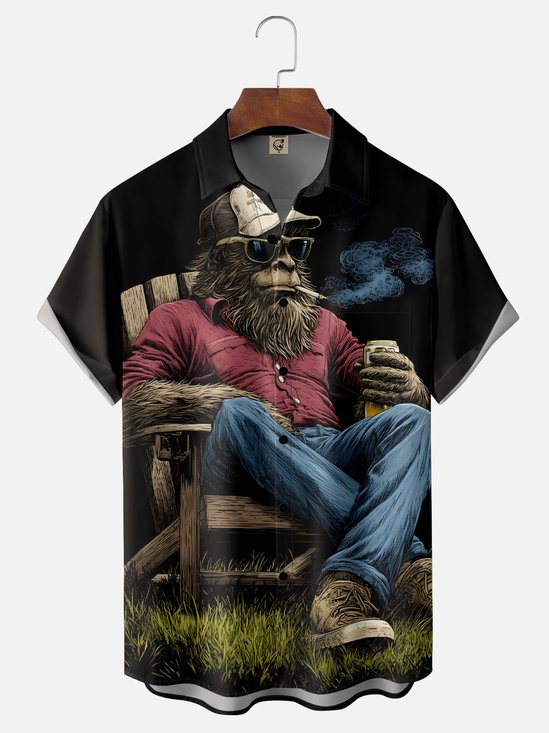 Moisture-Wicking Camping Bigfoot Chest Pocket Hawaiian Shirt