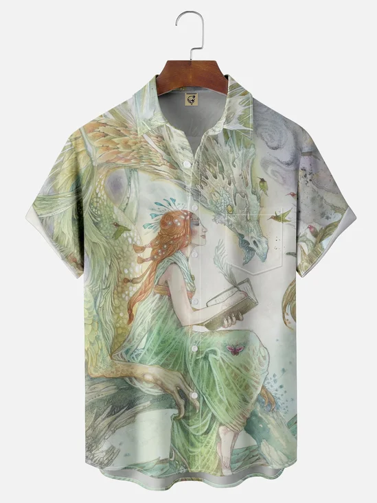 Moisture-wicking Art White Dragon Goddess Illustration Chest Pocket Casual Shirt