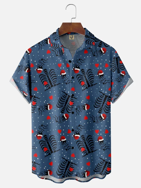 Moisture-Wicking Christmas Skull Hat Chest Pocket Hawaiian Shirt