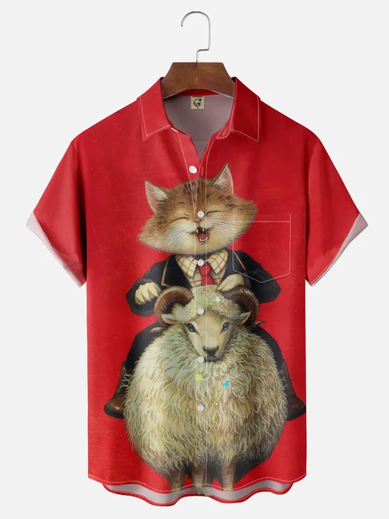 Moisture-wicking Artistic Cat Riding Sheep Chest Pocket Casual Shirt