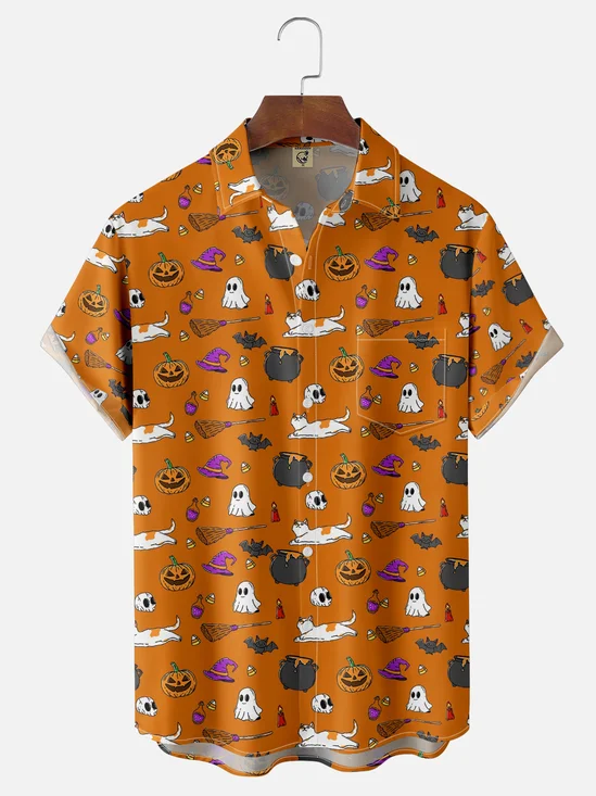 Hardaddy x Kimprut Imut Moisture-wicking Halloween Personalized Art Cat Pumpkin Chest Pocket Casual Shirt