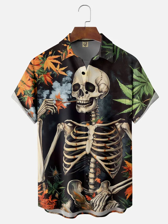 Moisture-Wicking Day Of The Dead Skull Chest Pocket Hawaiian Shirt