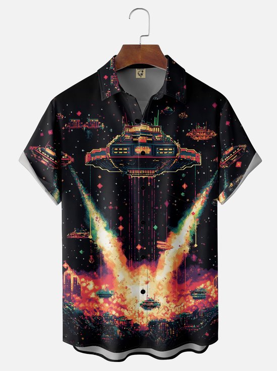 Moisture-Wicking Classic Arcade Space Invaders Clash of Bess Boss Chest Pocket Hawaiian Shirt
