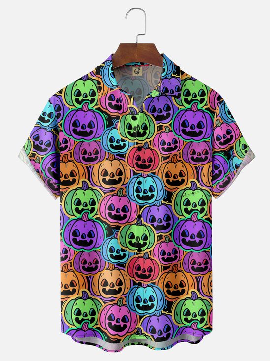 Moisture-Wicking Halloween Pumpkin Chest Pocket Hawaiian Shirt