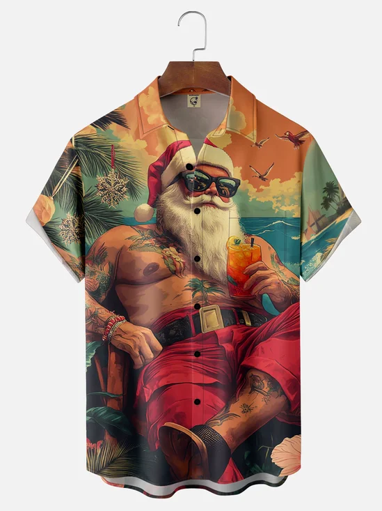 Moisture Wicking Merry Christmas Santa Beach Vacation Chest Pocket Hawaiian Shirt