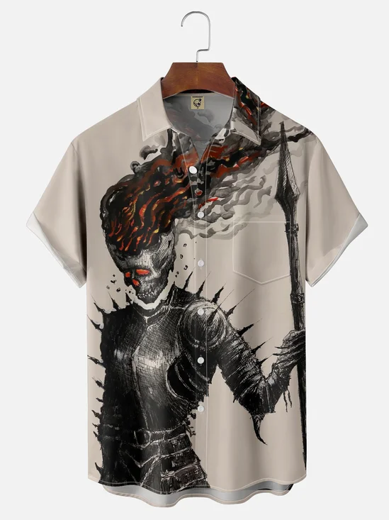 Moisture-wicking Art Flame Skull Knight Chest Pocket Casual Shirt