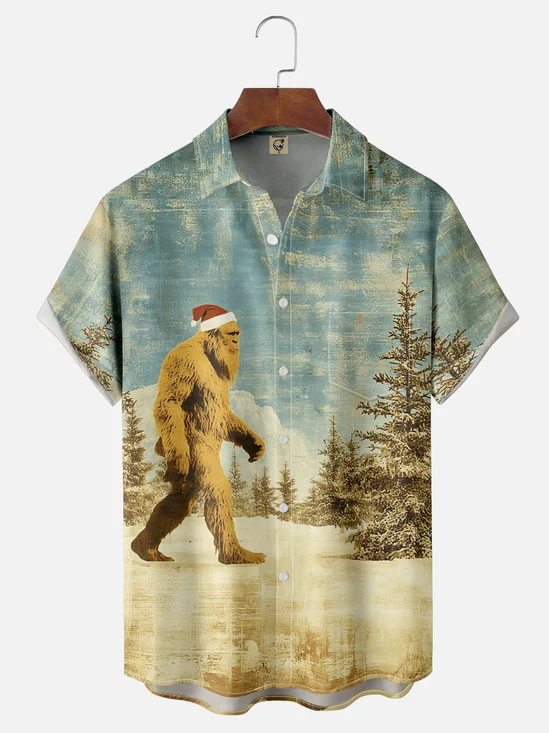 Moisture-Wicking Christmas Bigfoot Chest Pocket Hawaiian Shirt