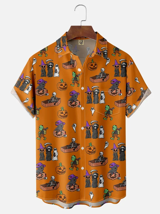 Hardaddy x Kimprut Imut Moisture-wicking Halloween Personalized Art Pumpkin Chest Pocket Casual Shirt