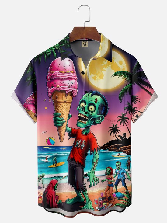 Moisture Wicking Halloween Beach Zombie Chest Pocket Hawaiian Shirt