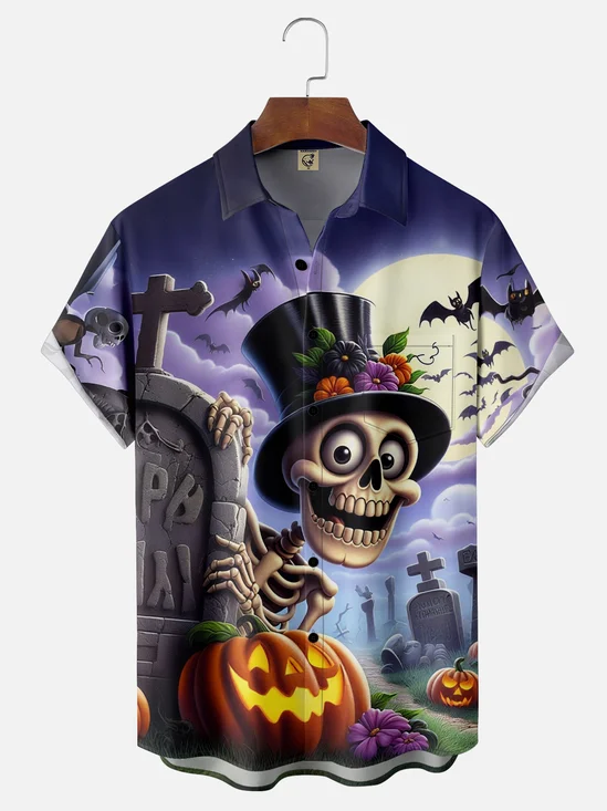 Moisture-Wicking Halloween Pumpkin Skull Chest Pocket Hawaiian Shirt