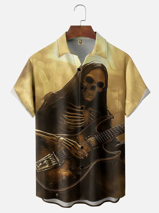 Moisture Wicking Day of the Dead Guitar Skull Chest Pocket Hawaiian Shirt