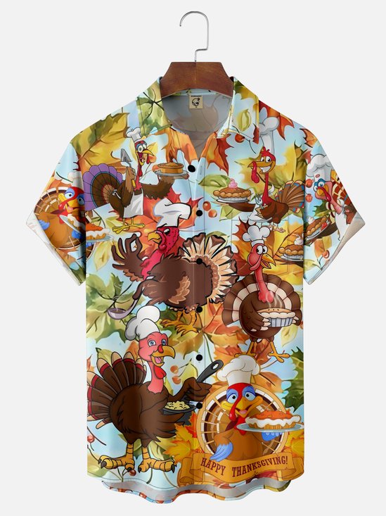 Moisture-Wicking Thanksgiving Turkey Chest Pocket Hawaiian Shirt